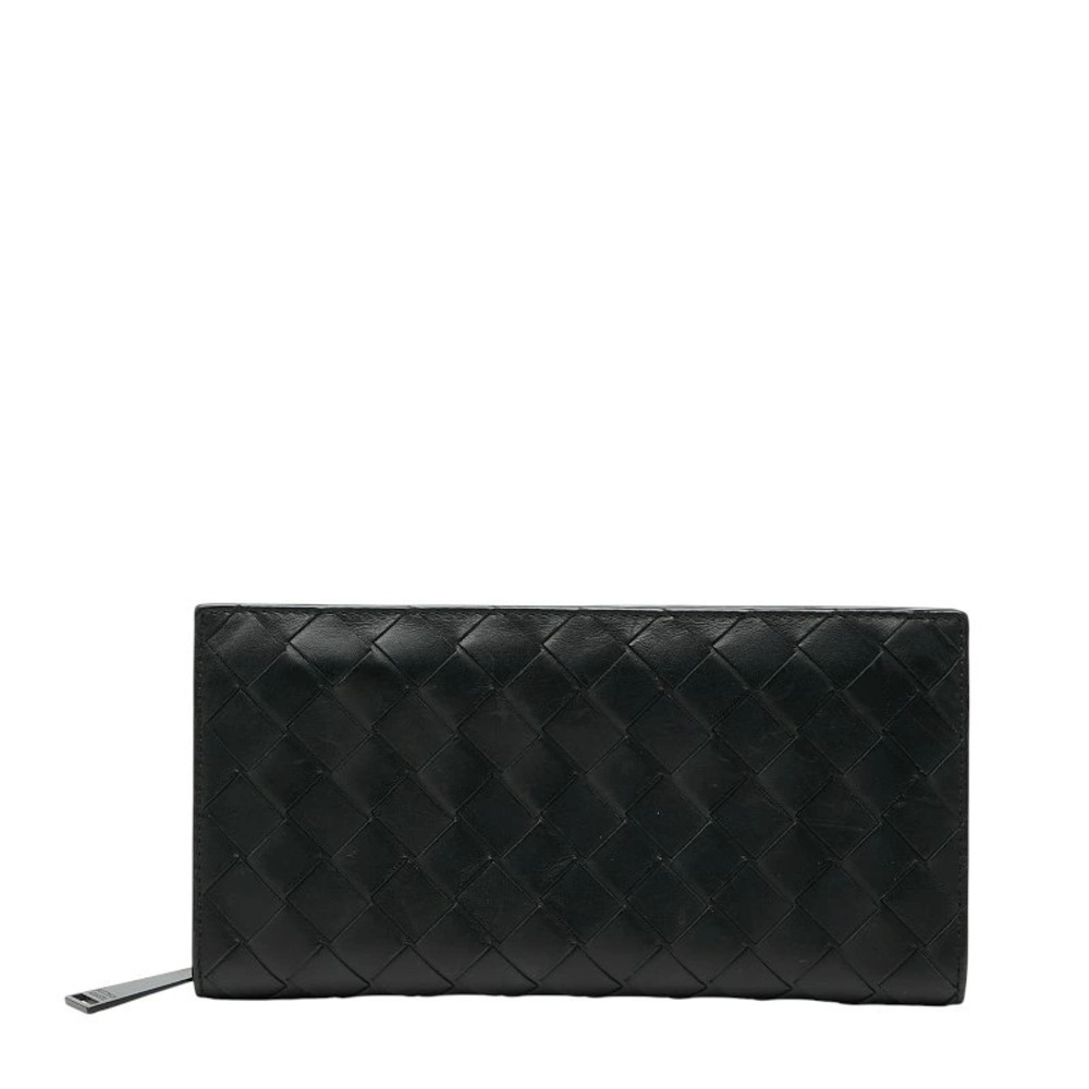 Bottega Veneta Intrecciato Round Zip Long Wallet Black Leather